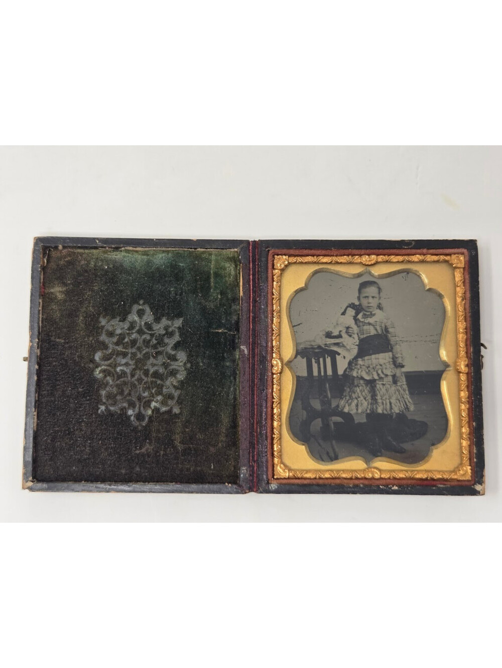 Antique Victorian Daguerreotype Angry Girl Holding Doll Ornate Case 4 Inch Photo